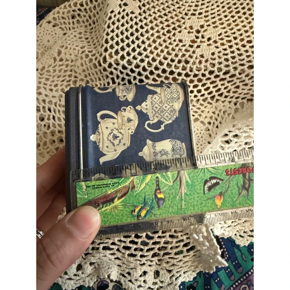 Vintage Tea Party Girl and Teddy Bear Decorative Metal Storage Tin Navy Blue